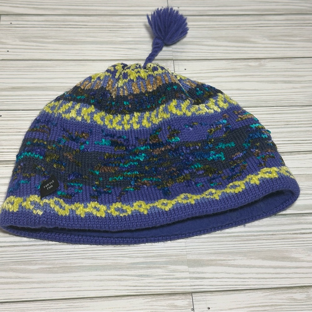 Turtle Fur Wool Blend Knit Beanie Hat Purple Multicolor Pom Winter Ski Cap